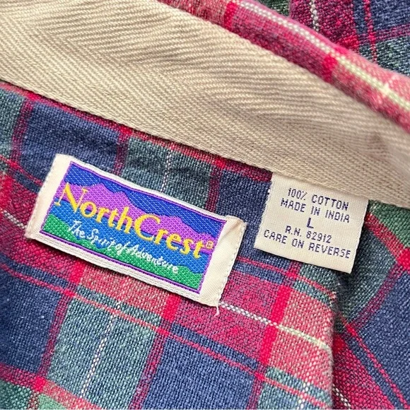 Vintage NorthCrest Plaid Distressed Flannel Mens LARGE Pocket Fall Button Shirt - Picture 7 of 8